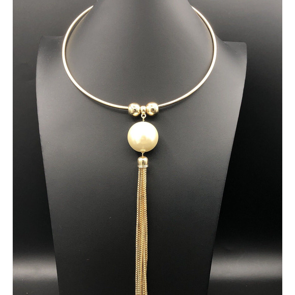 Estate Jewelry - Long Tassel Necklace MCM Style Faux Pearl Pendant on 18 inch Gold Tone Neck Wire